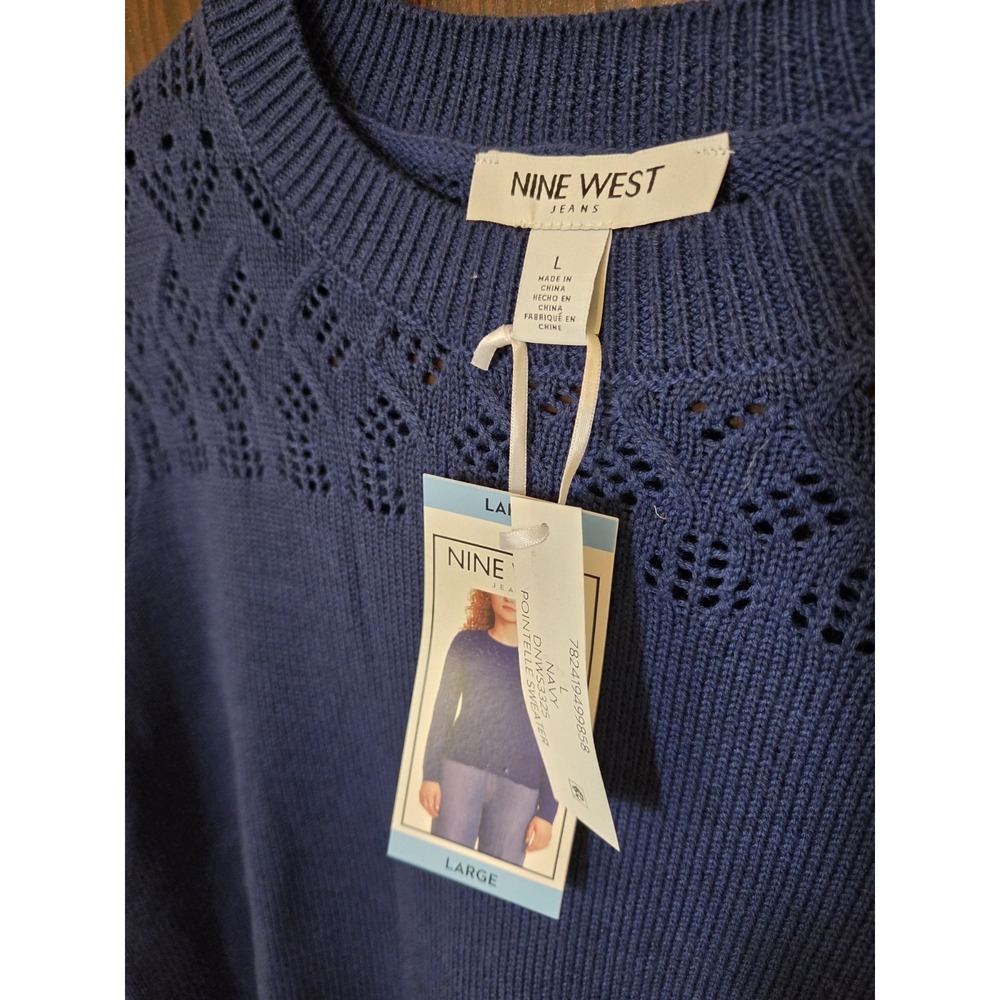 Nine West Sweater Womens Large Blue Knit Scalloped Pattern Navy Crochet New - Picture 2 of 12